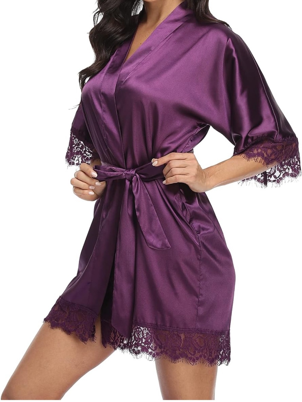 Purple Satin Lace-Trim Kimono Robe